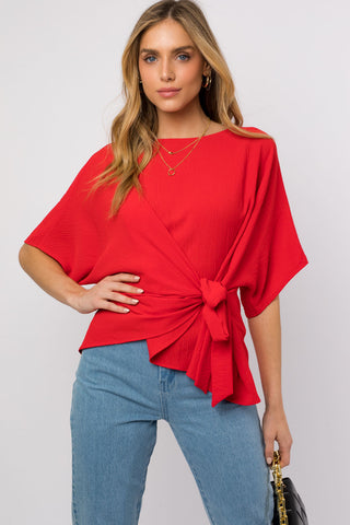 Red Side Tie Blouse