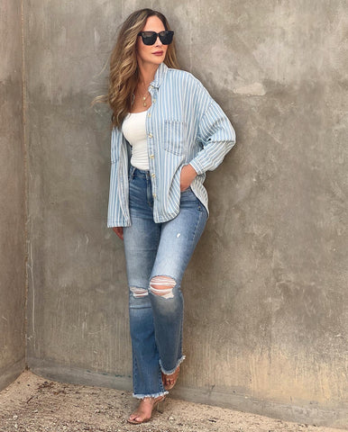 Chambray Striped Oversized Top - Shacket