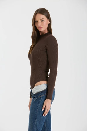 Brown Ribbed Knit Bodysuit