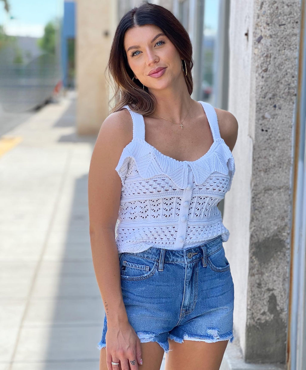 White Pointelle Knit Tank