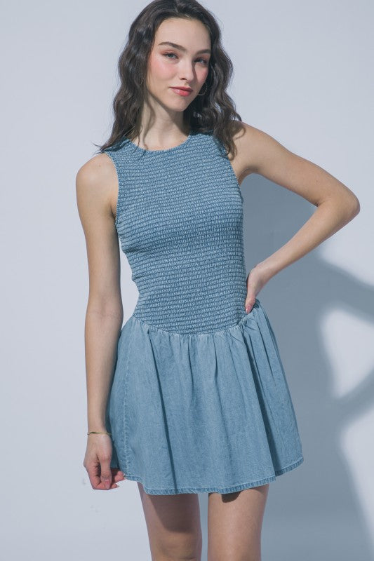 Denim Smocked Dress  Cheekie Boutique