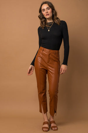 Camel Leather Split Hem Pants