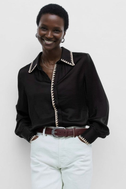 Black Satin Detail Blouse