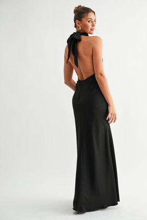 Black Satin Halter Maxi Dress