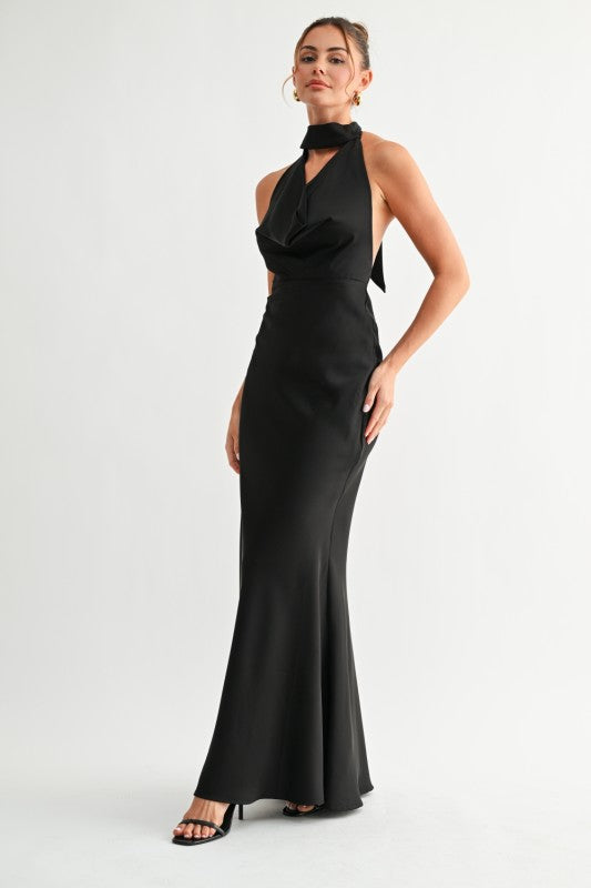 Black Satin Halter Maxi Dress