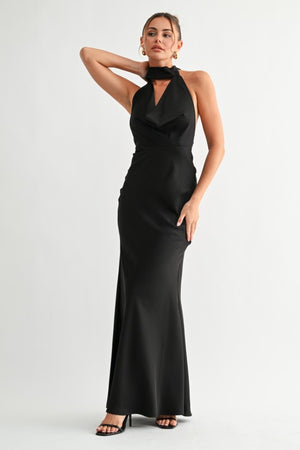 Black Satin Halter Maxi Dress