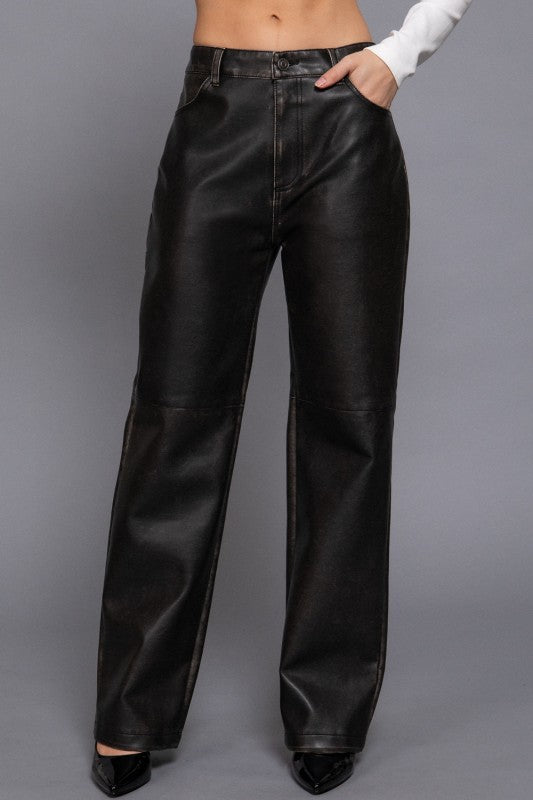 Black Washed Leather Pants