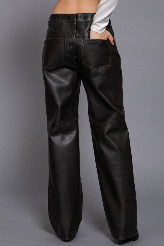 Black Washed Leather Pants