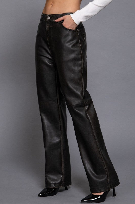 Black Washed Leather Pants