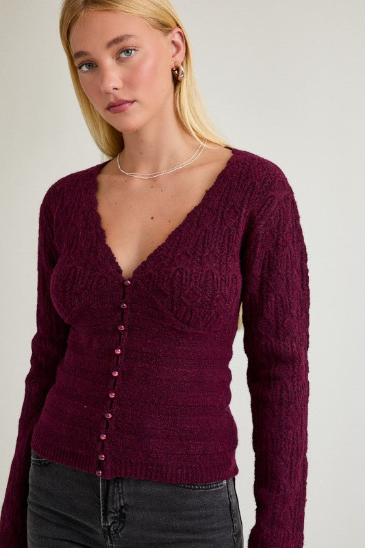 Burgundy Pearl Button Cardigan