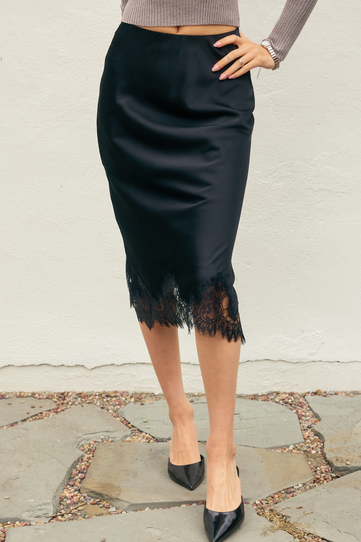 Silk Lace Maxi Skirt - Black