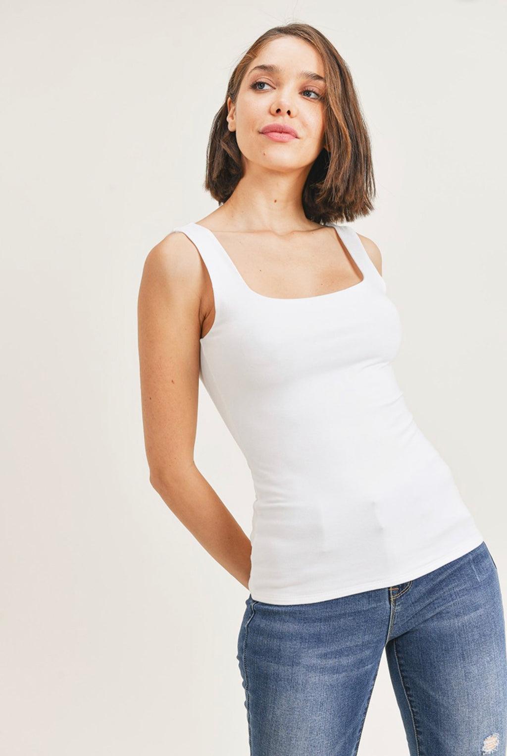 White Square Neck Tank