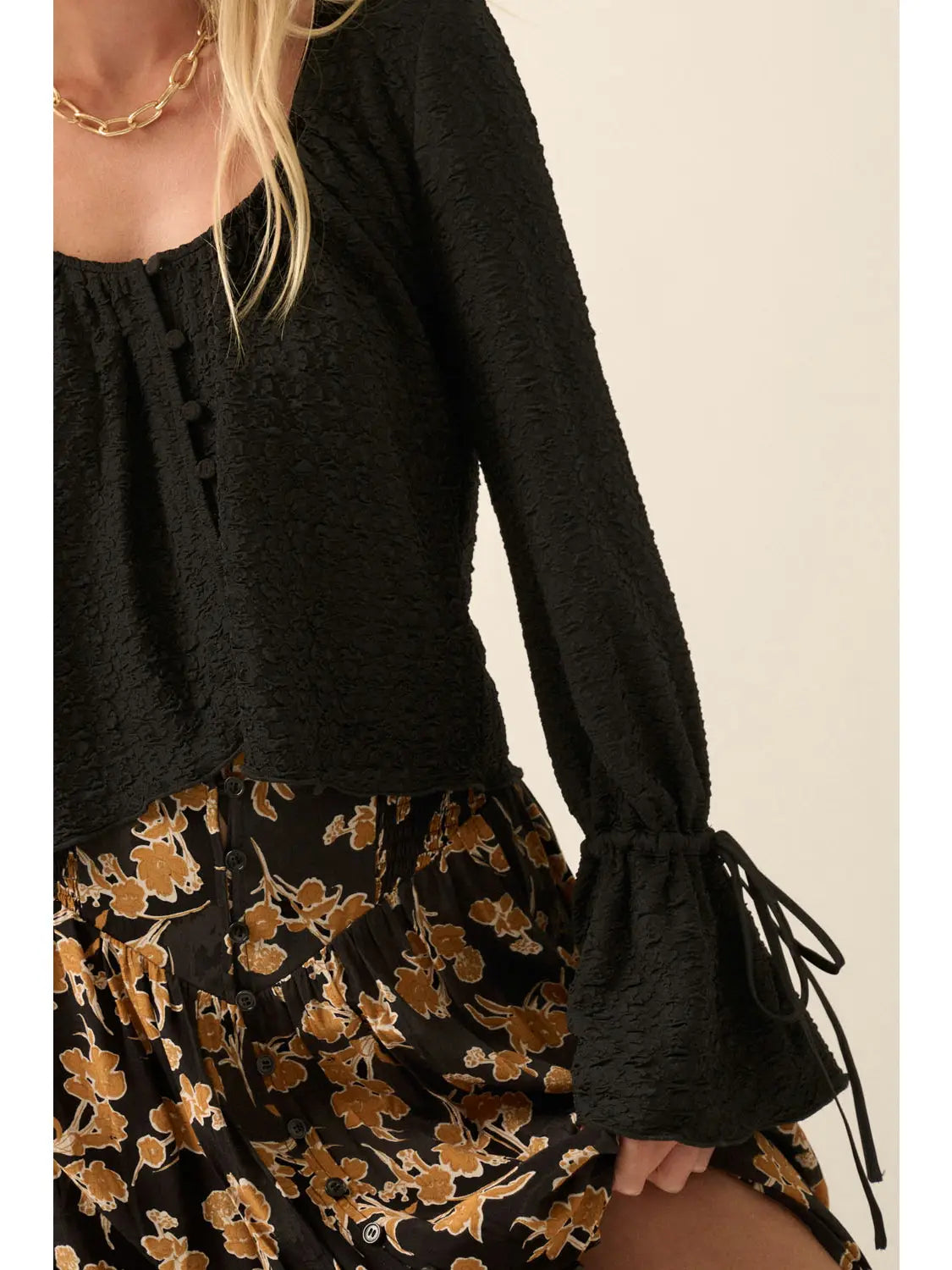 Black Textured Bell Sleeve Blouse