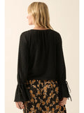 Black Textured Bell Sleeve Blouse