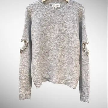 Heather Gray Heart Crystal Cut Out Sweater