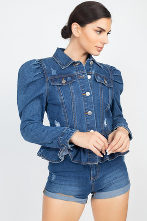 Peplum Puff Sleeved Denim Jacket