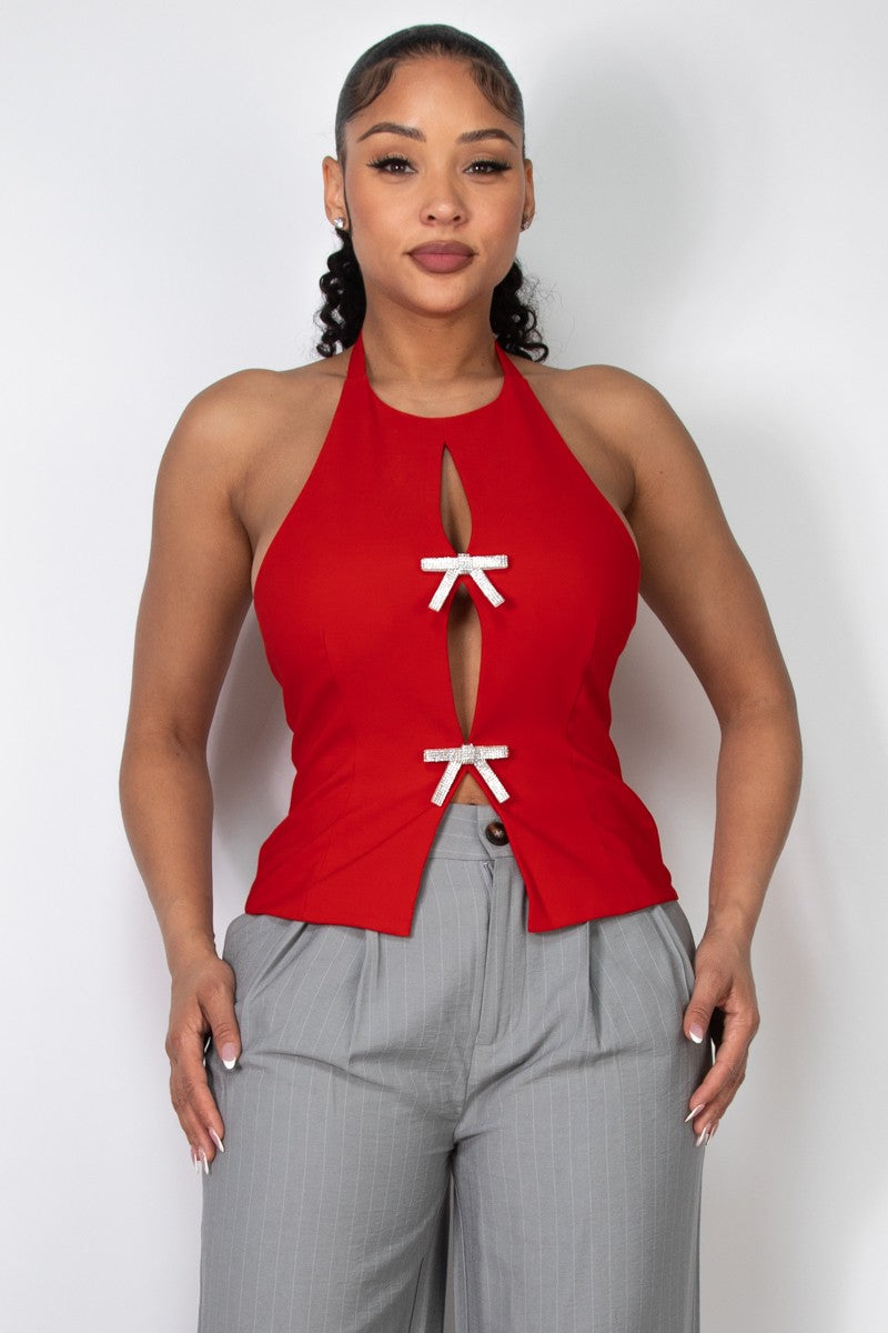 Red Crystal Bow Halter Top