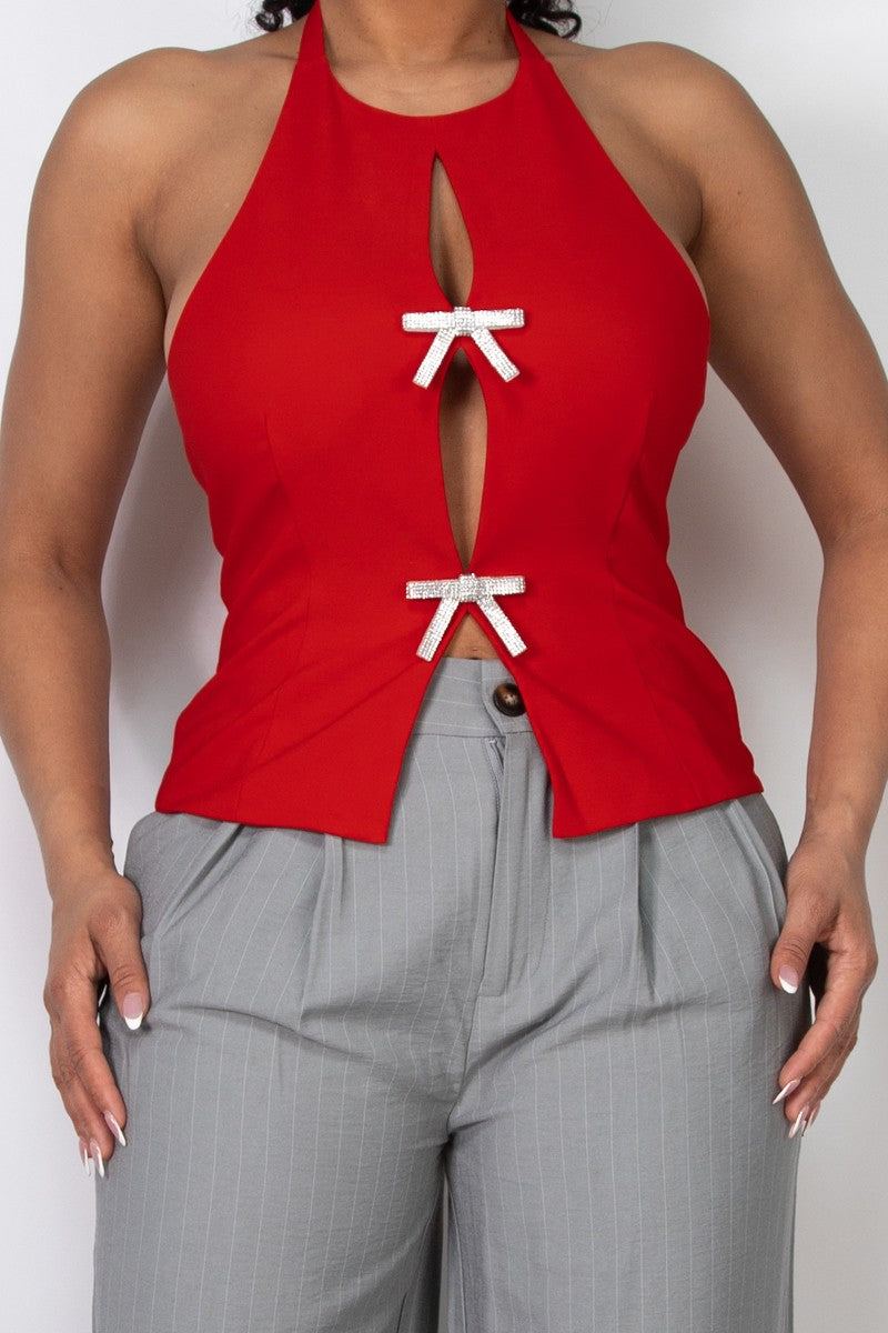 Red Crystal Bow Halter Top