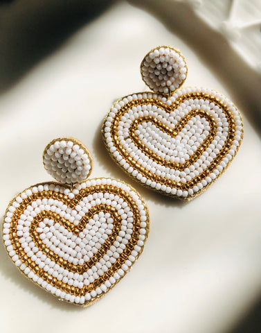 White Beaded Heart Earrings