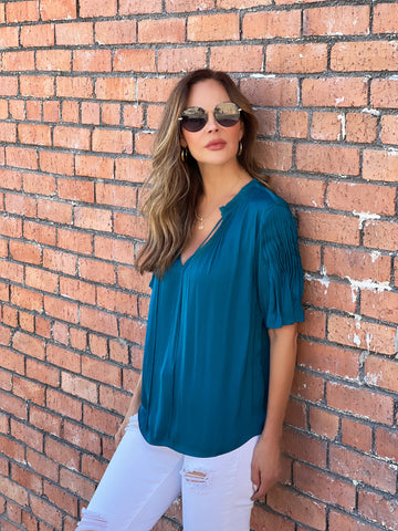 Teal Flutter Sleeve Blouse